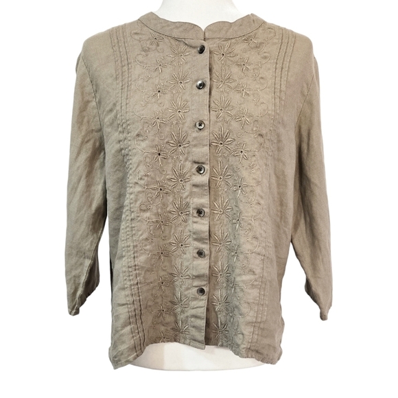 J. Jill Tops - J. Jill 100% Linen Tan Floral Embroidered Pleated Button-Up Shirt Boho Lagenlook